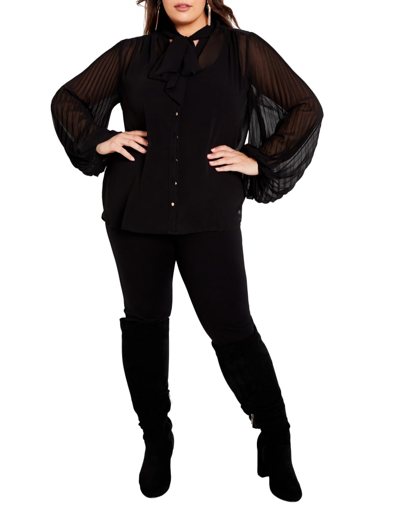 Front of a model wearing a size 14 BLOUSE IVY PLEAT in Black by avenue. | dia_product_style_image_id:323001